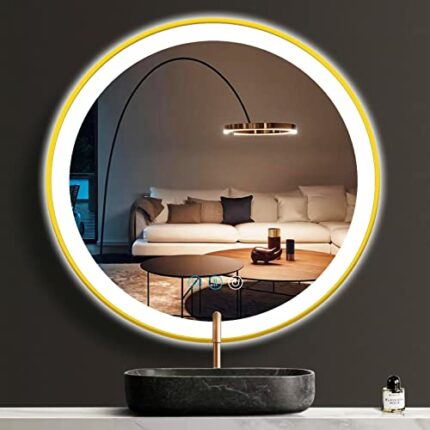 ARUMMA 24 Inch Gold Bathroom Round LED Mirror with Lights Gold Frame Round Lighted Mirror for Bathroom Wall Round Vanity Lighted Mirrors 3 Color