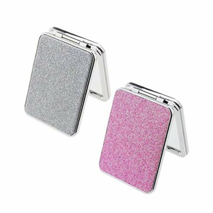 Be In Your Mind 2x Double-sided Compact Makeup Mirrors 1x/2x Magnification PU Leather Cover with Glitter Rectangle Magnetic Folding Mirrors