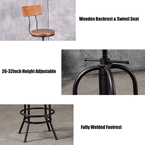 BOKKOLIK Set of 2-Industrial Bar Stools with Backrest-Swivel Wood Seat-Bar Counter Height Adjustable 26-32.2inch-Kitchen Island Dining Chair