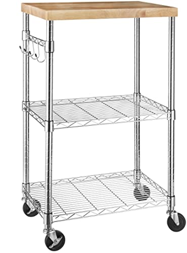 Amazon Basics 3-Tier Microwave Cart on Wheels with Removable Wood Top and Height-Adjustable Chrome Shelves with 175 Pound / 79.5kg Weight Capacit