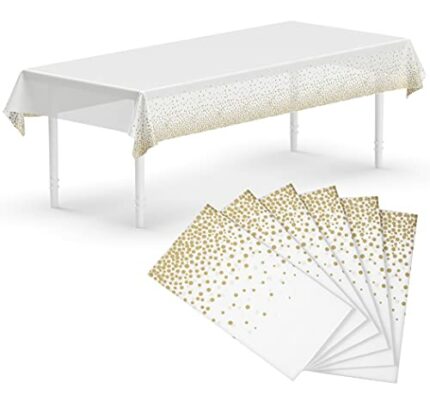 Neatiffy 6 Pack Plastic Table Cloth Picnic/Party/Banquet, Disposable/Reusable Table Cover (White Golden Dot)