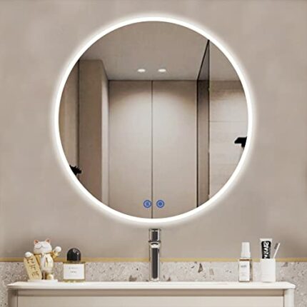 Kaztre 400mm Round LED Illuminated Bathroom Mirror Anti-Fog Lighted Bathroom Mirror Vanity Makeup Mirror Smart Wall Mounted Mirror with Touch Dim
