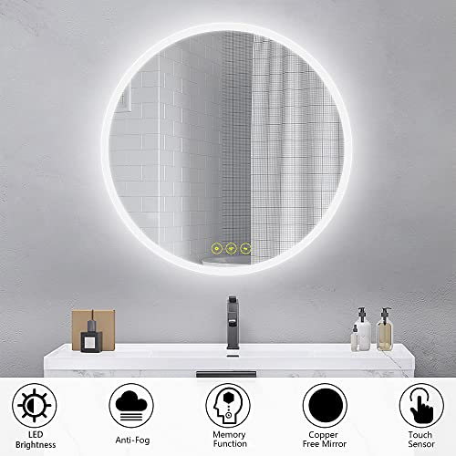 ICYWANG Bathroom LED Mirror Round 60cm Lighted Illuminated Backlit Light Up Mirror with Touch Switch Color Change Anti-Fog Wall Mounted