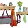 Spiretro Set of 2 Wall Mounted Torched Wood Floating Shelves & Ledge, Coat Hat Rack with Black Metal Pegs Hook to Organizer, Storage, Decorative