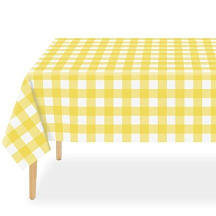 3 Pack Yellow and White Checkered Tablecloth Yellow Plaid Disposable Gingham Tablecloth, Rectangle Waterproof Plastic Table Cloths for Outdoor Pi