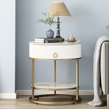 OIOG Round Nightstand, Side Table with Storage Drawer and Open Shelf, Modern Bedside End Tables for Living Room, Bedroom, Dorm, White and Gold