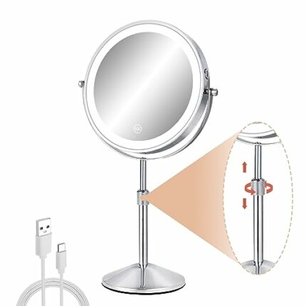 FFowcye Makeup Mirror with Lights and Magnification, 8" Adjustable Brightness & Height 1X/10X Magnifying Mirror LED 360° Rotation Touch Screen Va