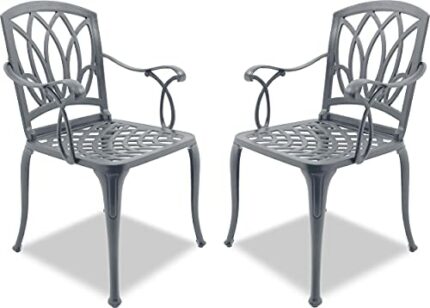 Homeology Positano 2-Large Garden & Patio Bistro Chairs with Armrests in Cast Aluminium Grey