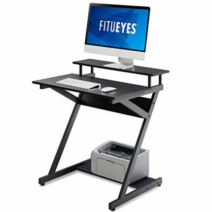 FITUEYES Z-Shaped Computer Desk with Monitor Riser, Space-Saving Black Writing Table, Ideal for Small Spaces, Wooden Home Office Workstation, 70x