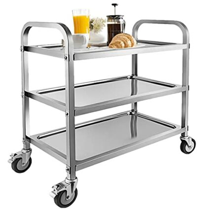 Dardoo 3 Tier Stainless Steel Serving Catering Trolley on Wheels Kitchen Utility Cart Kitchen Storage Cart with Locking Brakes for Kitchen Hotel