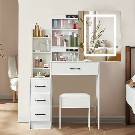 Vanity Desk with LED Light in 3 Colors, Modern Vanity Table with 4 Drawers and 7 Shelves, 3 Lighting Modes Dressing Table with Chair and Sliding