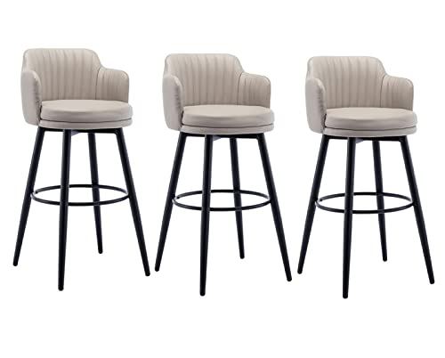 DWILKE 26 Inch Counter Height Bar Stools Set of 3 Swivel Barstools with Low Back Kitchen Island Bar Chair with Arms, Nappa Leather Metal Base Uph
