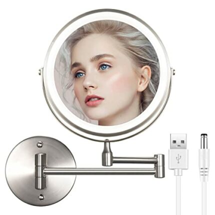 WITFAMILY 8'' Wall Mounted Mirror with 1X/10X Magnification, Rechargeable Vanity Mirror for Bathroom Hotel(Nickel)