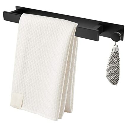 Wall Mounted Towel Rail, Self Adhesive Black Towel Rail, Stainless Steel Towel Holders with 2 Towel Hooks for Bathrooms Kitchen
