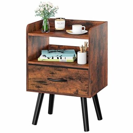 Yoobure Night Stand with Fabric Drawer, End Table, Bedside Tables, Mid Century Modern Nightstand with Open Storage Shelf, Wood Bedside Table, 2-T