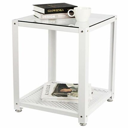J JACKCUBE DESIGN 2 Tier Glass White Square End Table, Side Table with Glass Top & Metal Mesh Bottom for Bedroom Living Room Bedside Sofa Couch -