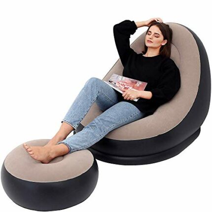 LONEEDY Inflatable Leisure Sofa Chair and Footstool Outdoor Folding Lounger Sofa Flocking Lazy Couch (Brown)