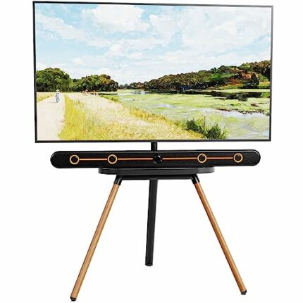 PUTORSEN Easel TV Tripod Stand for 43 to 65 Inch LED LCD Screens, Height Adjustment TV Floor Stand with TV Shelf and Solid Wood Tripod Base, Swiv