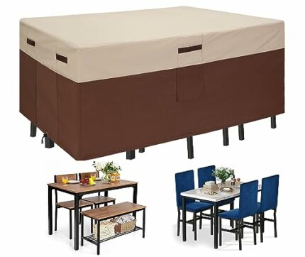ELEXTYLE Waterproof Patio Table Covers for Rectangle Table and 4-6 Chairs 96''L x 70''W x 32''H Brown/Beige Outdoor Rectangular/Oval Windproof Pa
