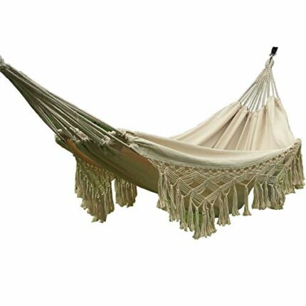 Handmade Cotton Woven Balcony Hammock Hanging Rope Chair Porch Swing with Crochet Fringe for Backyard Patio Garden Outdoor and Indoor Boho Style