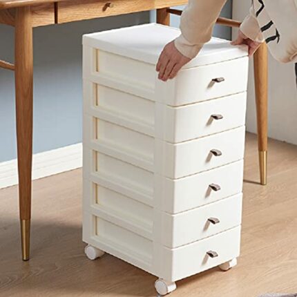 BAKAJI Low Space Saving Chest with 6 Drawers Storage Shelves, White Polypropylene Trolley with 4 Wheels and Sturdy Structure, Multipurpose Organi