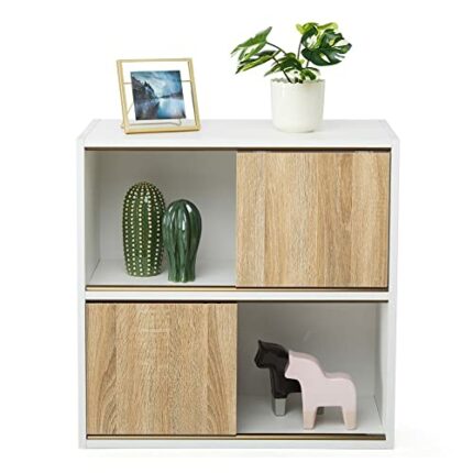 Meerveil Bookcase, Free-standing Sideboard with Sliding Door, for Display and Storage in Living Room Corridor Kitchen, 60x30x61cm White and Oak