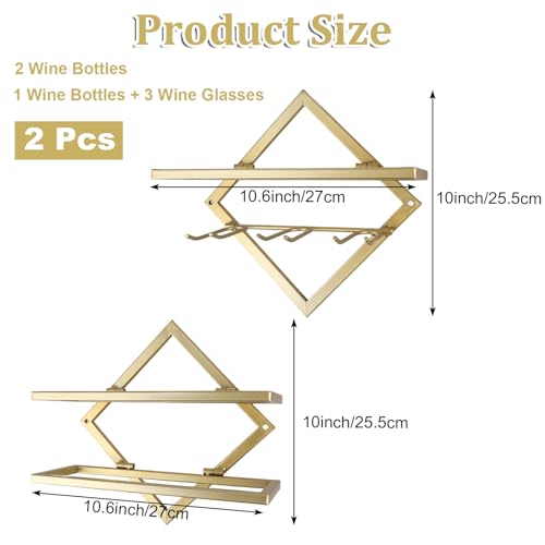 CYEAH Metal Wall Mounted Wine Holder Set of 2, Gold Foldable Hanging Wall Wine Rack Organizers, Red Wine Bottle Display Hanger with Screws for Ho