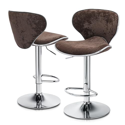 MoNiBloom Brown Velvet Bar Stools Set of 2 Counter Height Barstools with Back Swivel Bar Chairs with Metal Base Modern Adjustable Kitchen Island