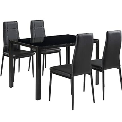 DINGZZ Dining Table Set 5 Piece Tempered Glass Table and 4pcs Faux Leather Dinning Chairs
