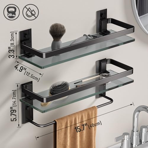 Danpoo Bathroom Shelves Wall Mounted, Tempered Glass Bathroom Shelf with Towel Bar(2 Tier, Matte Black)