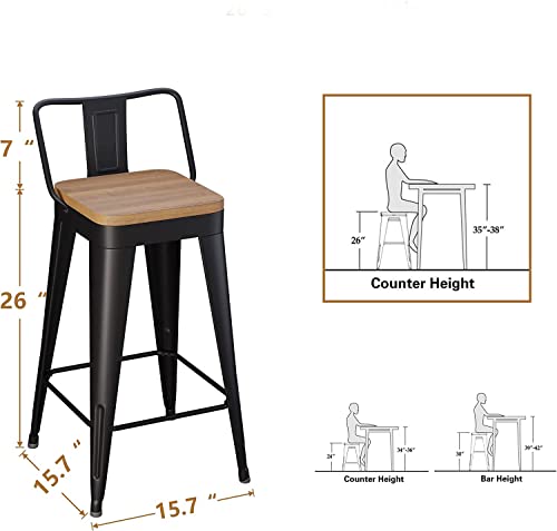 POINTANT Bar Stools Set of 4 Metal Bar Stool Counter Height Bar Stools 26" Black Modern Bar Chairs with Back and Wooden Seat Bar Stools Counter H