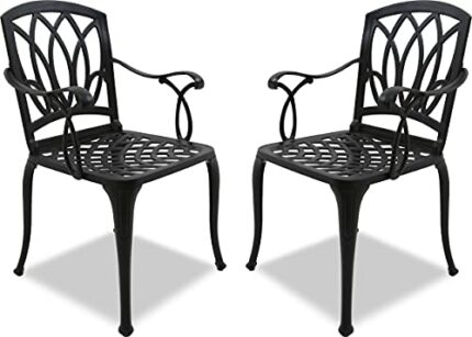 Homeology Positano 2-Large Garden & Patio Bistro Chairs with Armrests in Cast Aluminium Black
