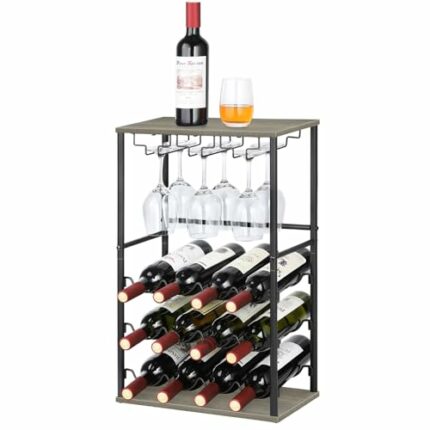 NANANARDOSO Wood Wine Rack, Countertop Wine Bar Rack, Wine Bar Cabinet with GlassBottle Holder, Metal and Wood Industrial Wine Cabinet for Home,