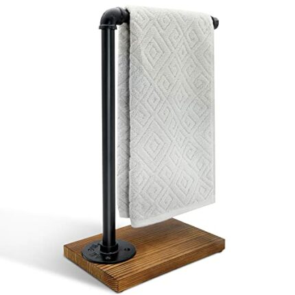 YESSAP 15'' Hand Towel Holder, L Shaped Towel Holder Stand with Wooden Base, Black Hand Towel Stand for Bathroom Kitchen Countertop