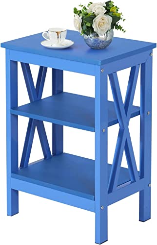 VECELO End Side Table with Storage Shelf, Nightstands for Living Room, Bedroom, Wood, Blue, X-Design Furniture