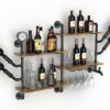 bimiti Industrial Wall Mounted Wine Rack 100 x 75cm 2 Tier Wine Storage Shelf Metal & Wooden Wall Wine Champagne Bottle Holder with 4 Stemware Ra