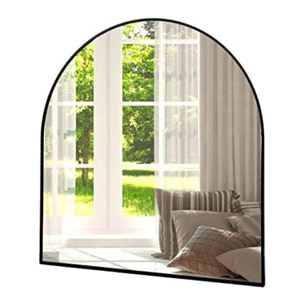 Amgngala Arched Mirror, 33" x 31" Wall Mirror for Bathroom, Black Metal Frame Vanity Mirror, Dresser Mirror, Arch Decorative Mirrors for Living R