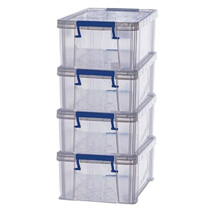 BANKERS BOX 4 10L Plastic Storage Boxes with Lids, ProStore Super Strong Stackable Plastic Storage Boxes (14 x 34 x 21.5cm), Clear