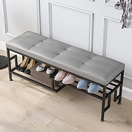 Entryway Metal Shoe Bench With Storage,Modern Shoe Storage Bench With Leather Seat,3-Tier Shoe Rack Storage,Grey B,80X35X46Cm(31X14X18Inch)