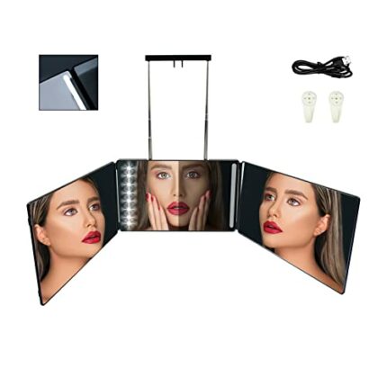 Auptiz Tri-fold Vanity Hanging Mirror(Foldable), with Touch Switch & LED Lighting- Dimmable and Adjustable Height Brackets, for Makeup/Washing/Ha