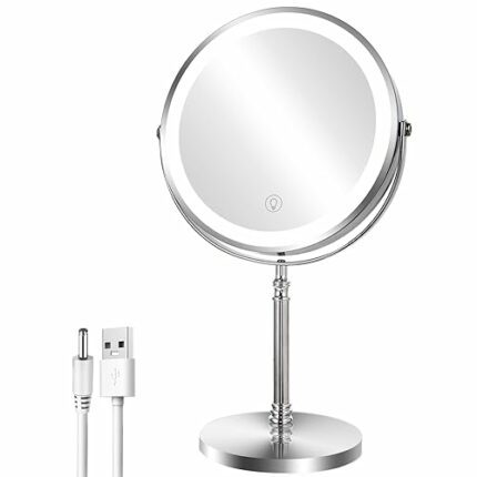 AusDaur 8” Magnifying Makeup Mirror With Light-1X/10x 360 Rotation Make up Mirror with Lighting, Rechargeable 3 Color Lights Touch Screen Vanity