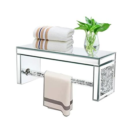 TACIDON Glass Mirrored Wall Shelf. Wall Mounted Bathroom Shelf Over Toilet. Glamorous Crystal Diamond Glass Towel Bar. Decorative Storage Glass S