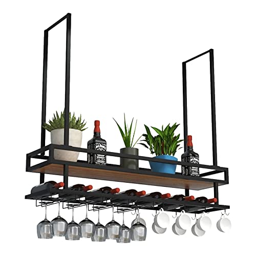 EYLINK Wine Glass Holder, Rustic Ceiling Mount Wine Rack, 2 Tier Hanging Industrial Wine Rack with Guard Rail, Wall Mounted Bottle Holder Glass R