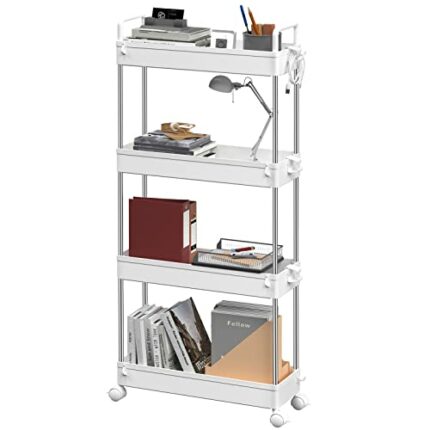 Ronlap 4 Tier Storage Trolley On Wheels, Narrow Kitchen Storage Unit with Handle Hook Lock Wheels, Slim Storage Trolley for Kitchen Bathroom Laun
