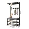Coat rack with bench, free-standing coat rack with shoe rack 2 shelves, multifunctional metal frame clothes rack with 9 hooks, industrial design,