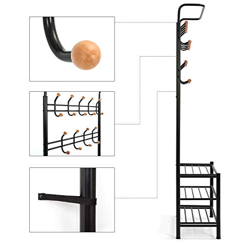 Meerveil Coat and Shoe Rack, Coat Stand, Rack with Shoe Storage, Clothes Rack with 18 Hooks Metal Frame, Entrance Furniture Shelf with Bench, Liv