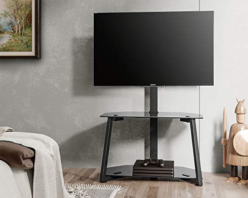 FITUEYES Corner TV Floor Stand for 32 to 55 Inch TVs Universal Cantilever TV Stand with Open Glass Media Storage Shelves Black Hold 40kgs