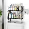 EKNITEY Flolding Over Toilet Storage - No Assembly Bathroom Organizer Shelf Above Toilet Storage Rack with Hooks and Paper Holder 2 Tier Black