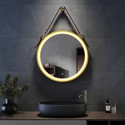ELEGANT Round Bathroom Mirror with Lights Gold Frame Leather Strap Illuminated Bathroom LED Mirror with Demister, Touch Sensor Switch Large Circl