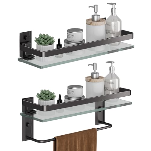 Danpoo Bathroom Shelves Wall Mounted, Tempered Glass Bathroom Shelf with Towel Bar(2 Tier, Matte Black)